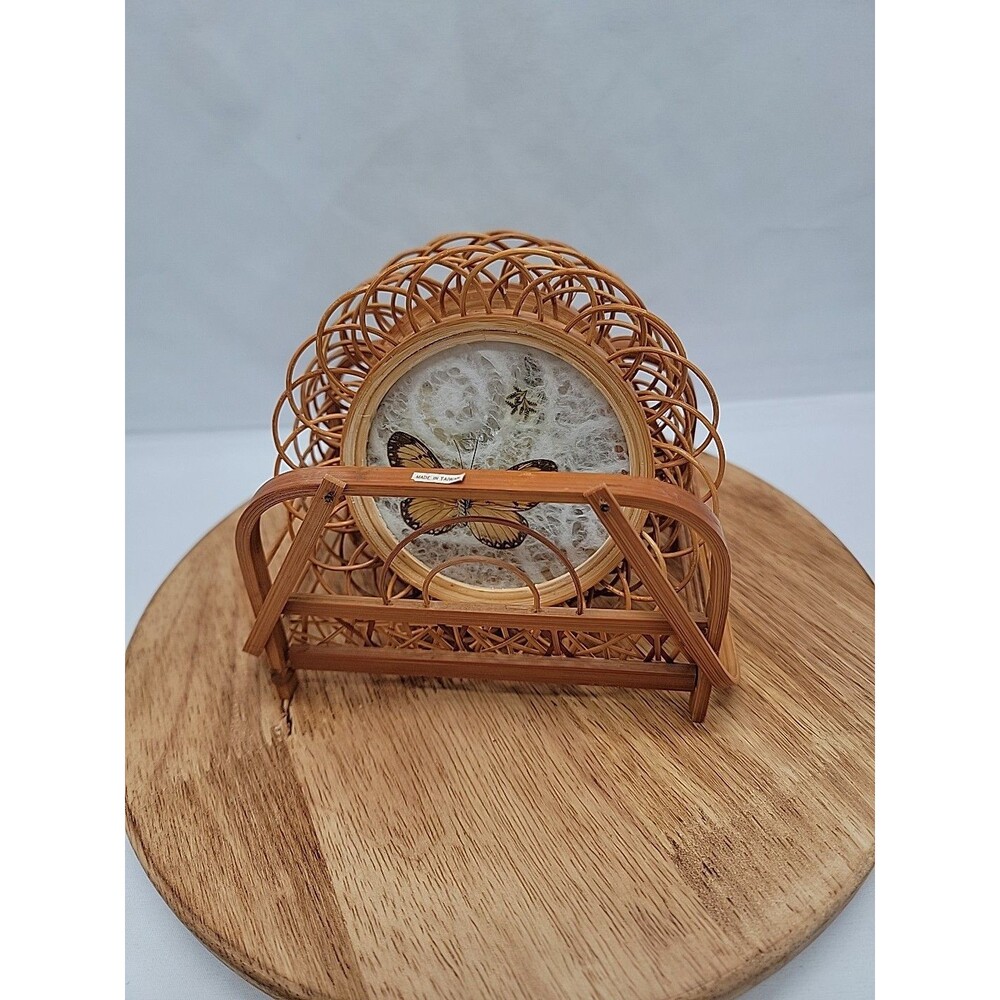 Vintage Set 4 Bamboo Butterfly Round Coasters In Handled Carry Rack